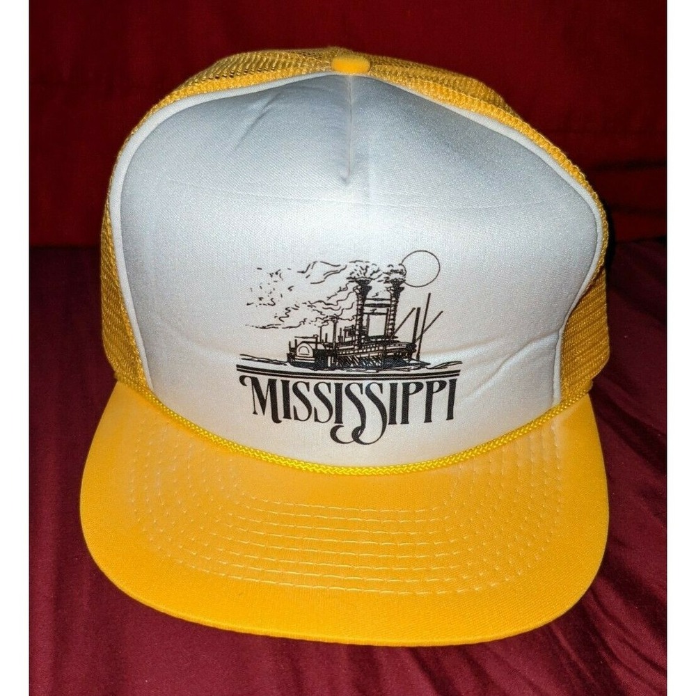 Mississippi Hat Adjustable Snapback Hat Trucker Style Cap Yellow & White Boat